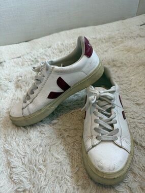 Veja White Leather Sneakers with Burgundy Accents